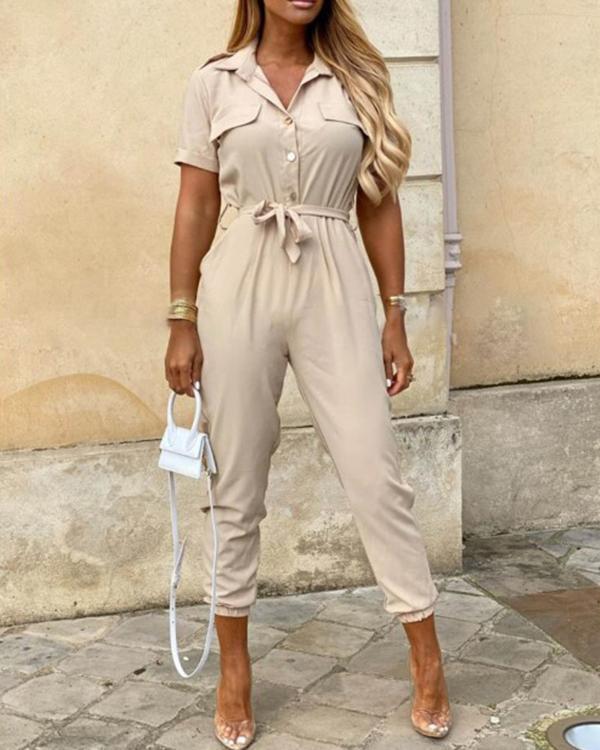 Women Short Sleeve Bottoned Jumpsuit