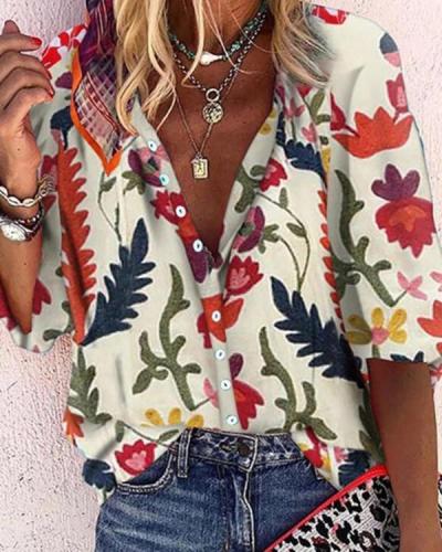 Print V-Neck 1/2 Sleeves Button Up Casual Knit Blouses