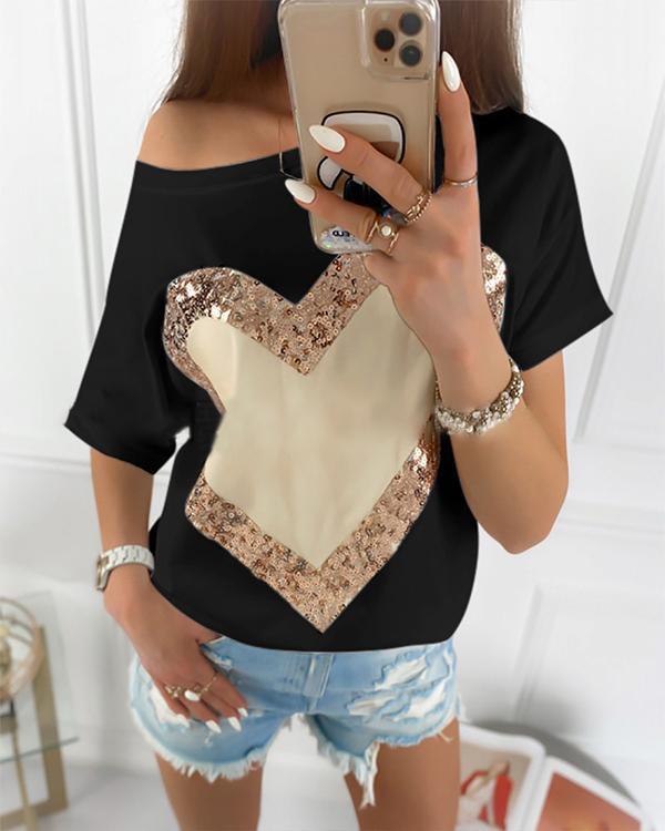 Casual Heart Printed Round Neck T-Shirt