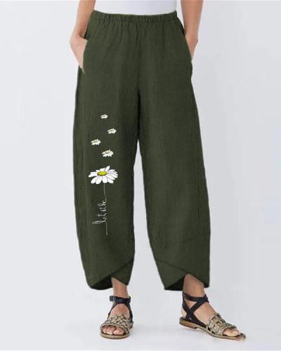 Vintage Daisy Printed Plus Size Casual Women Pants