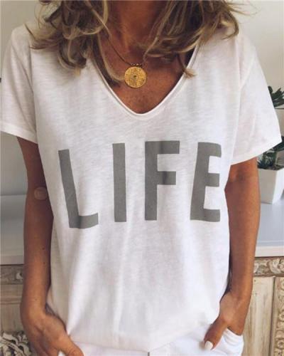 Short Sleeve Women Solid V Collar Life Loose Tops