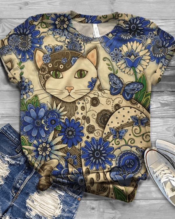 Cat Pattern Round Neck Shirts & Tops