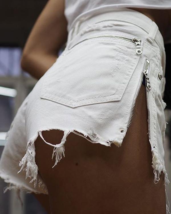 Pocket Star Embroidery Zipper Decor Ripped Shorts Jeans
