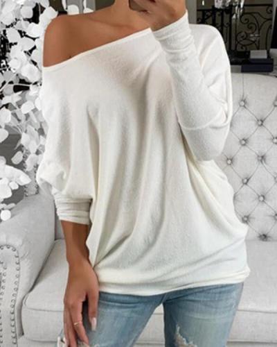 Solid One-Shoulder Batwing Sleeve Long Sleeves Casual T-shirts