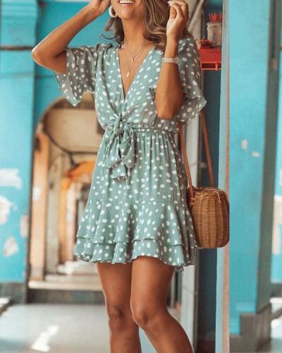 Ruffled Short Sleeve V-neck Polka Dot Lace Up Mini Dress