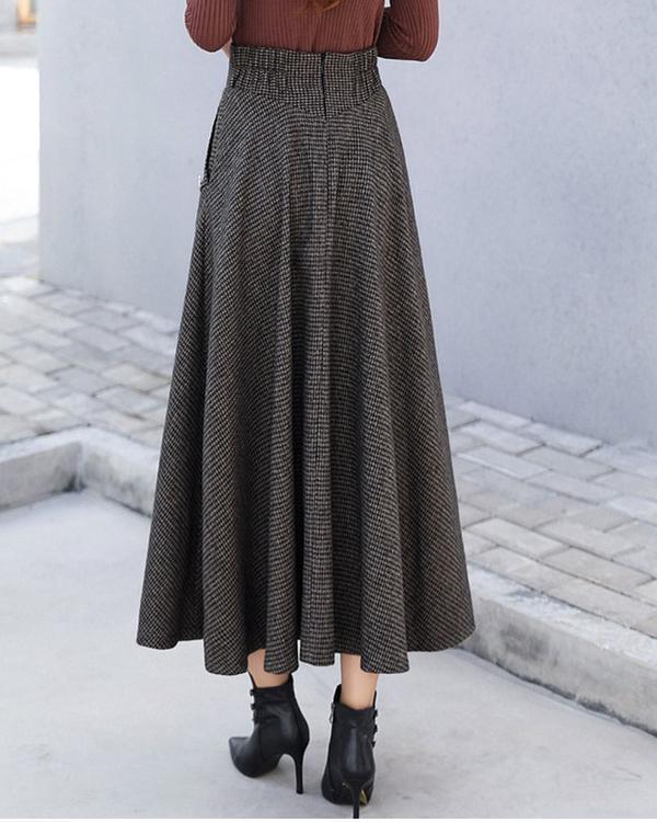 Women Woolen Elegant High Waist Plaid Skirts