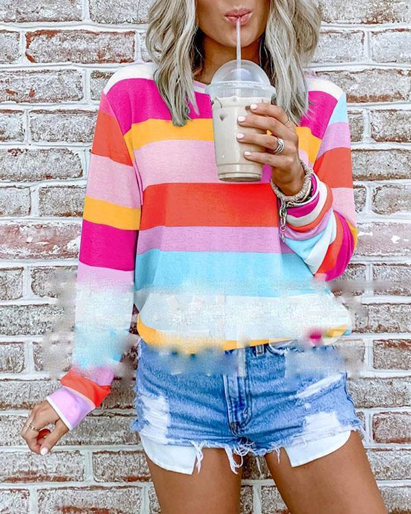 Round Collar Printed Striped Blouse