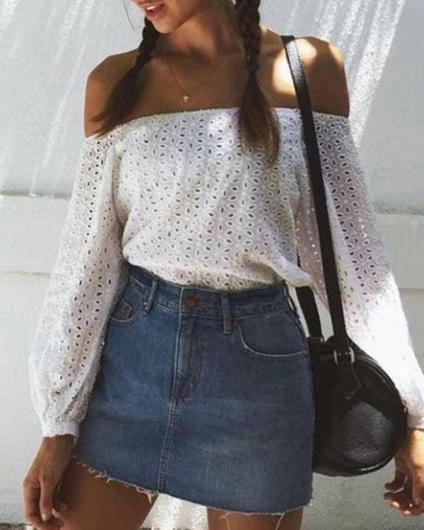 Off Shoulder Lace Insert Hollow Out Slit Casual Blouse