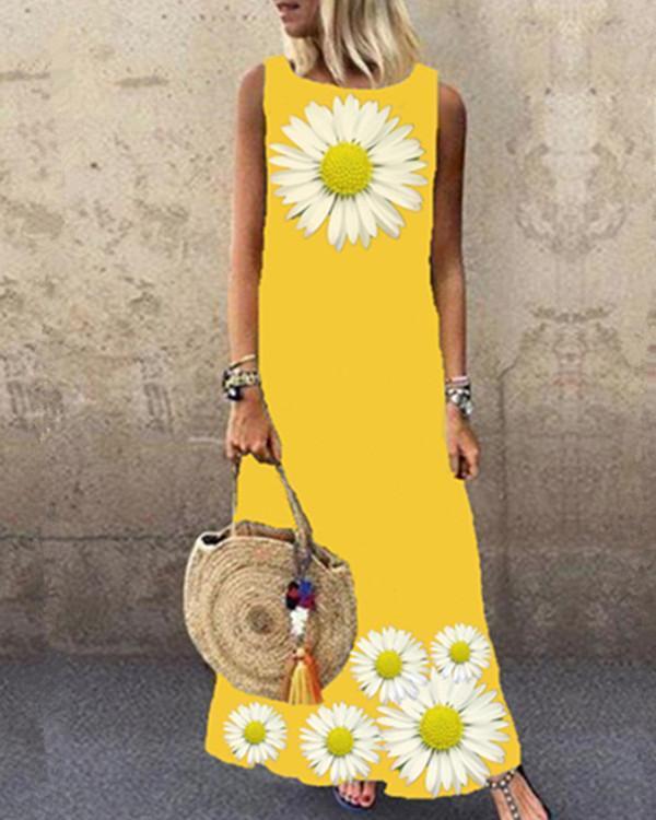 US$ 34.09 - Sleeveless Daisy Print Crew Neck Holiday Maxi Dress - www ...