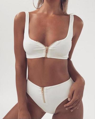 Solid Color High Waist Zipper Split Swimsuit