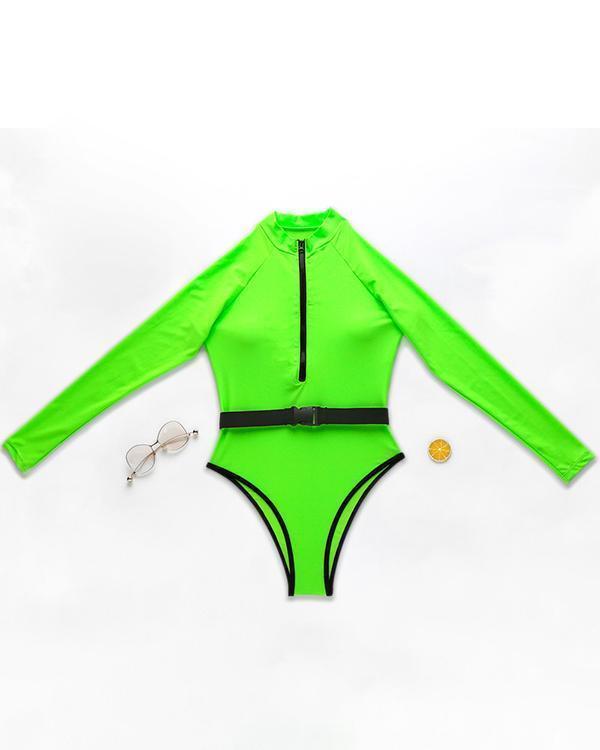 Long Sleeve Zipper One Piece Bathing Suit Swimwear