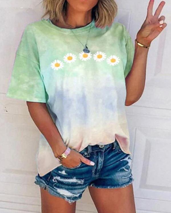 Daisy Tie-Dye Print Crew Neck Casual T-Shirts & Tops
