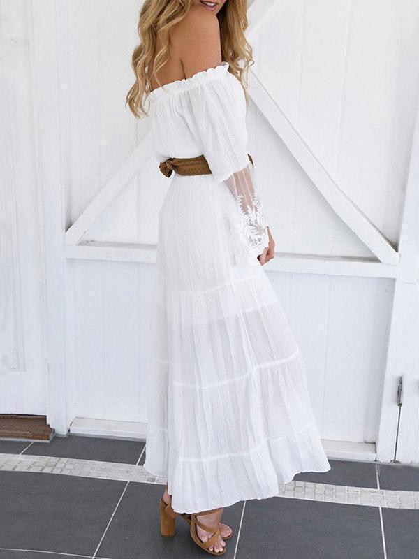 Sexy Lace Split-joint Off-the-shoulder Flared Sleeves Maxi Dress
