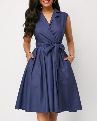 Sleeveless Solid Color Lapel Tie A-Line Dress