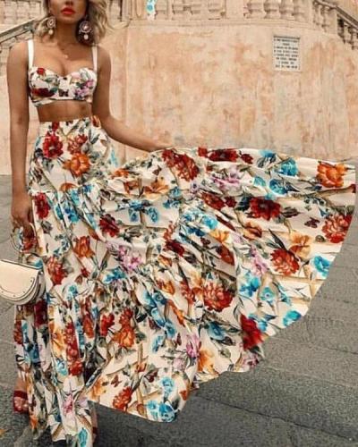 Sexy Off Shoulder Midriff-Baring Floral Printed Beach Maxi Dress
