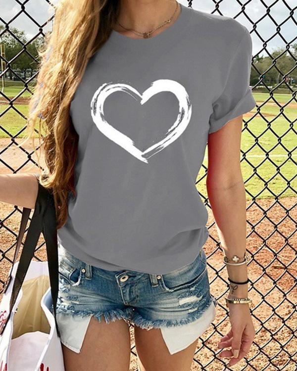 Short Sleeve Love Heart Printed Vintage Casual Tops Shirts