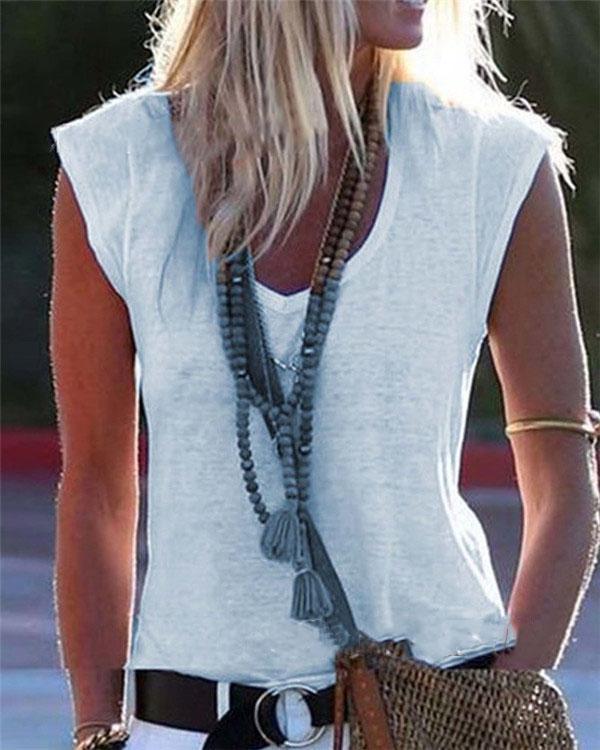 Solid Color  V-neck Sleeveless Casual T-shirt