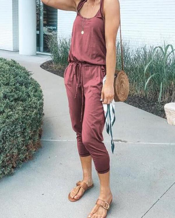 Summer Casual Lace-Up Sleeveless Solid Jumpsuit