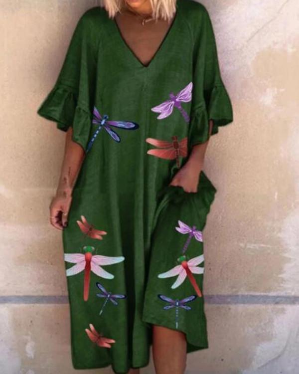 Dragonfly Print Lotus Leaf Sleeve Mini Dress