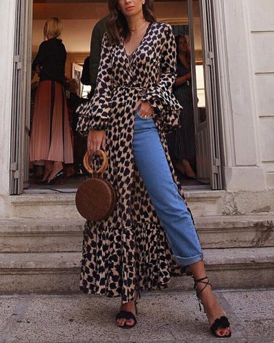 V Neck Leopard Design Loose Causal Maxi Dress Tops
