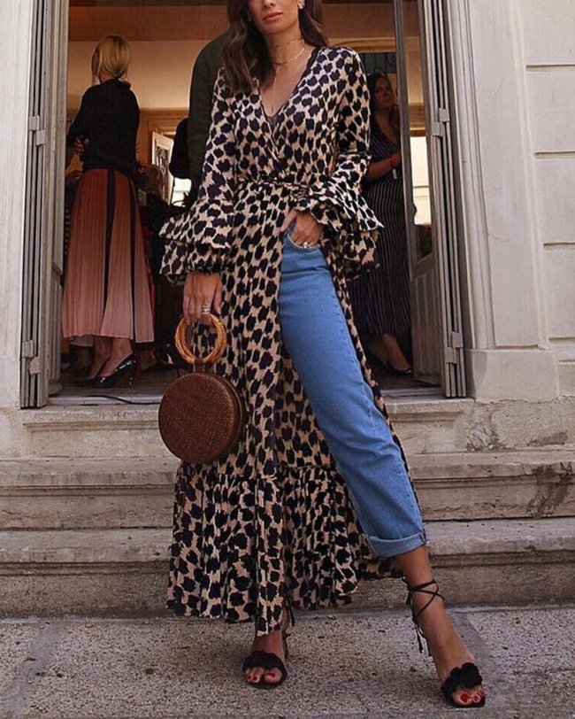 V Neck Leopard Design Loose Causal Maxi Dress Tops