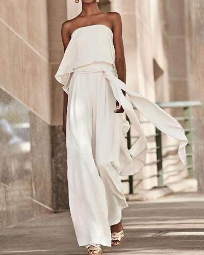 Solid Cape Sleeve Hollow Out Chiffon Wide-Leg Jumpsuit