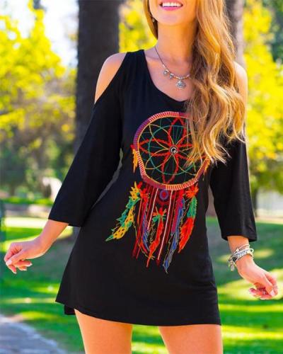 Casual 3/4 Sleeve Round Neck Plus Size Printed Dress