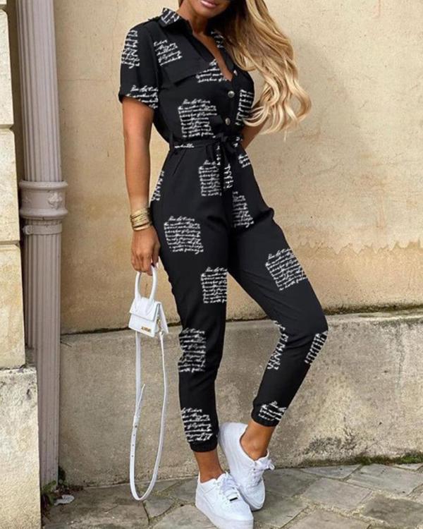 Women Short Sleeve Bottoned Jumpsuit