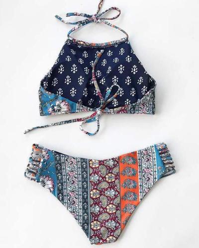 Women's Halter Bikini Set Cut Floral Print Swimsuit