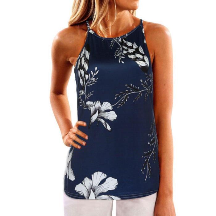 Navy Random Floral Print Round Neck Cami Tops