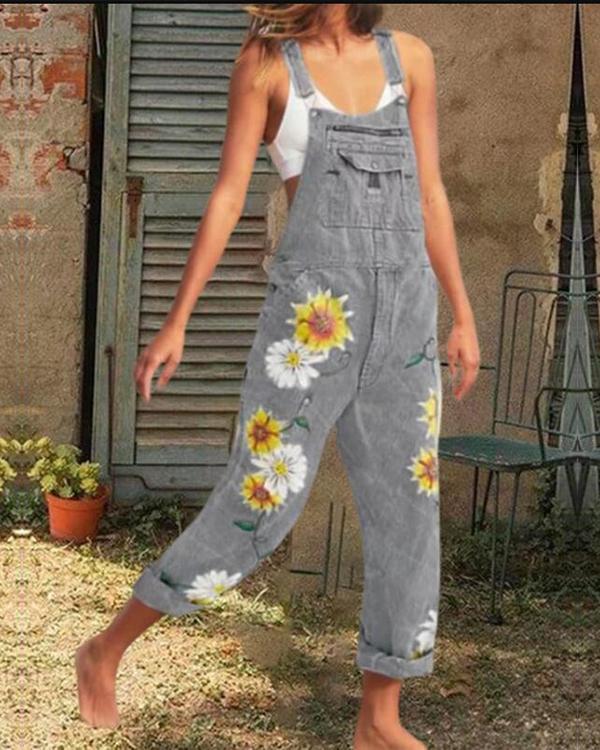 Sleeveless Denim Floral-Print One-Pieces Jumpsuit Overalls
