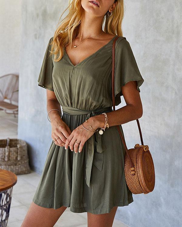 Solid V-neck Lace-up Waist With Belt Mini Dress