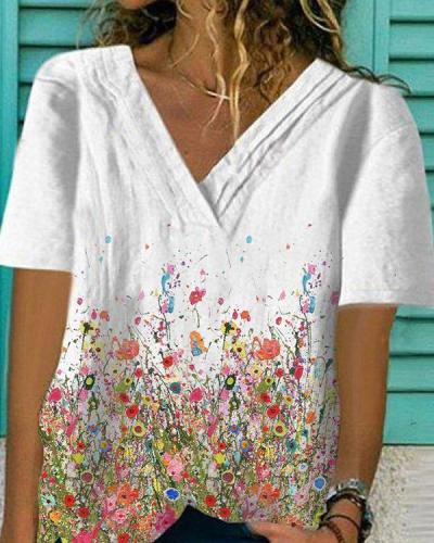 Floral-Print Cotton-Blend Casual V Neck Shirts & Tops