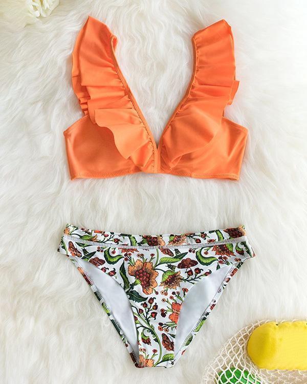 Ruffled Orange Bikini With Floral Bottom