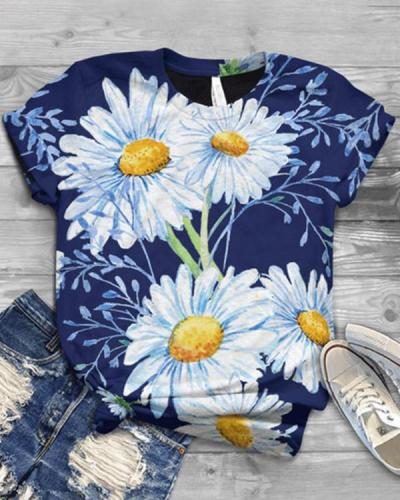 Flower Printed Casual Crew Neck Shirts & Tops