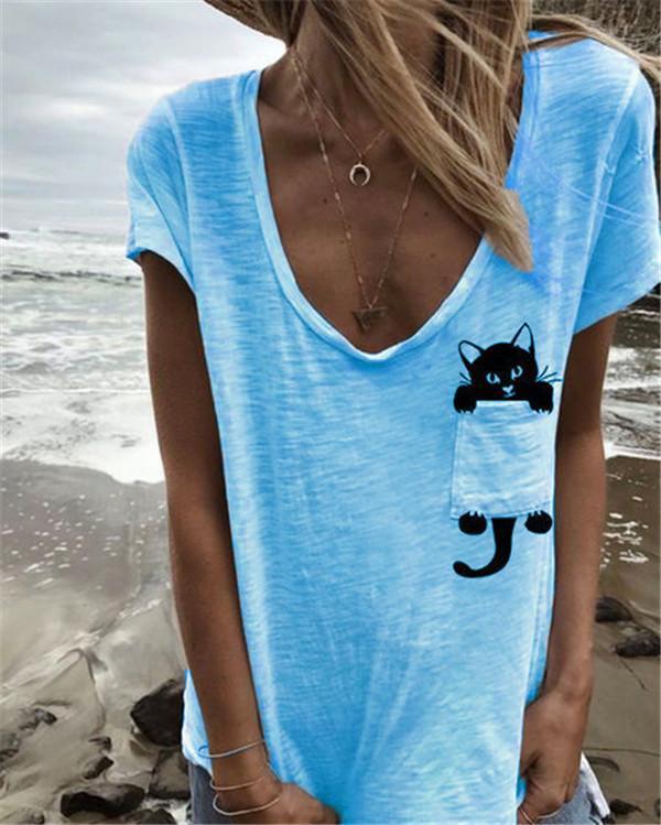 Plus Size Cute Cat Summer Solid Women Holiday Blouse