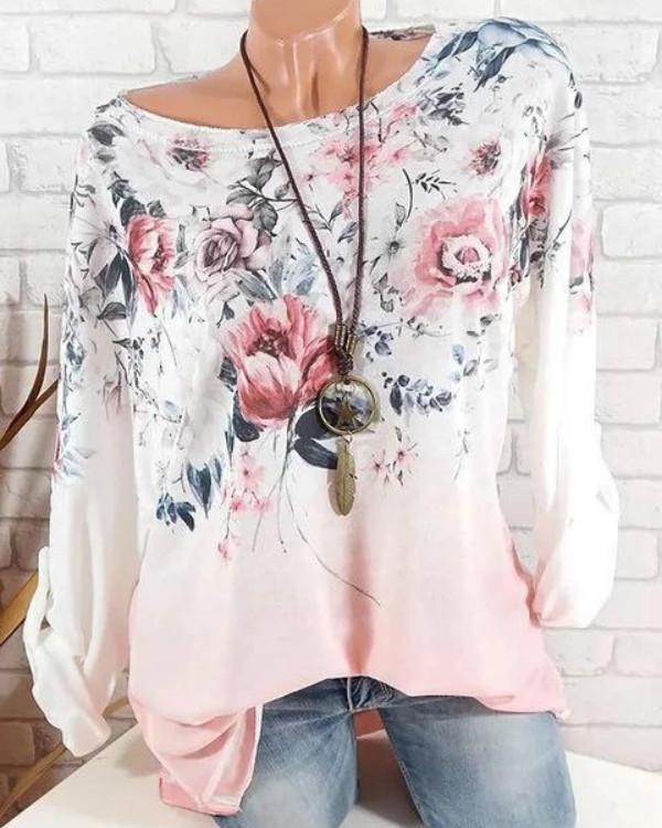 Long Sleeve Elegant Floral Printed/Dyed Cotton-blend Round Neck Plus Size Shirts & Blouse
