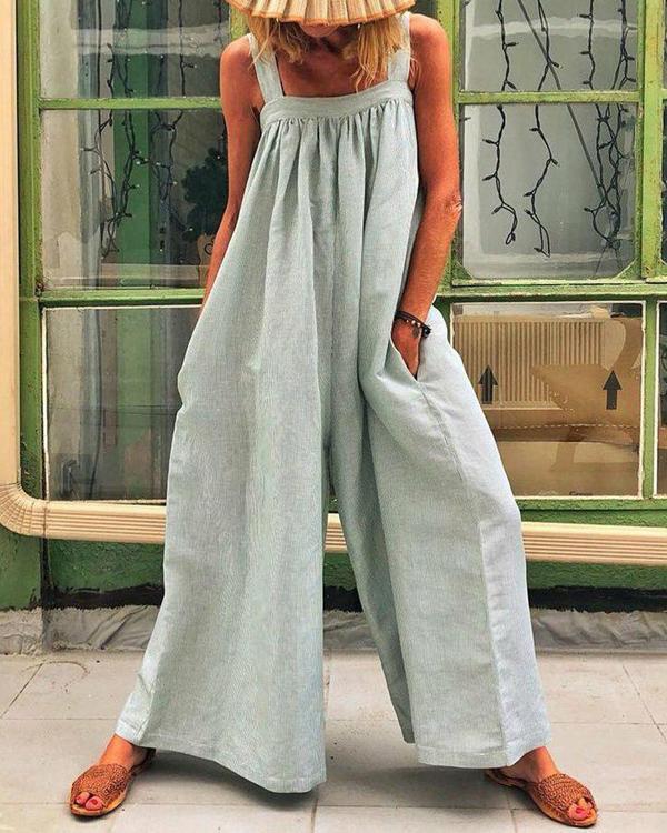 Solid Color Casual Sling Loose Jumpsuit