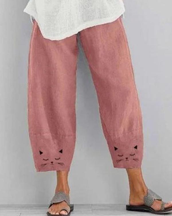 Cotton And Linen Cat Print Cropped Pants