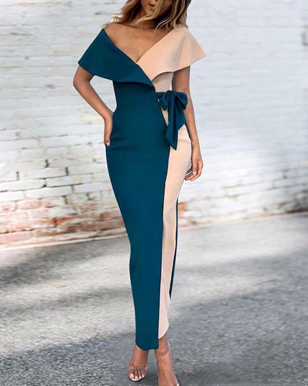 Sexy Short Sleeve Deep V Stitching Lace Maxi Dress