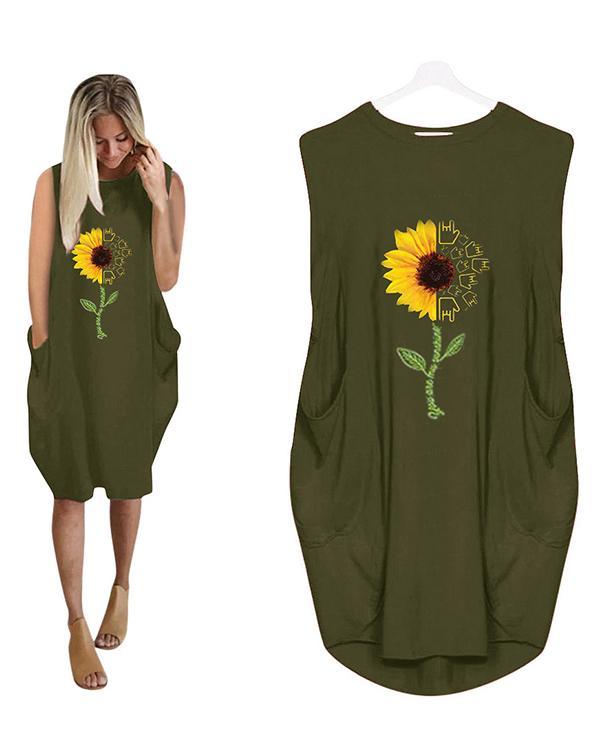 Sumflower Printing Oversized Long T-Shirt Sleeveless Midi Dress With Pockets