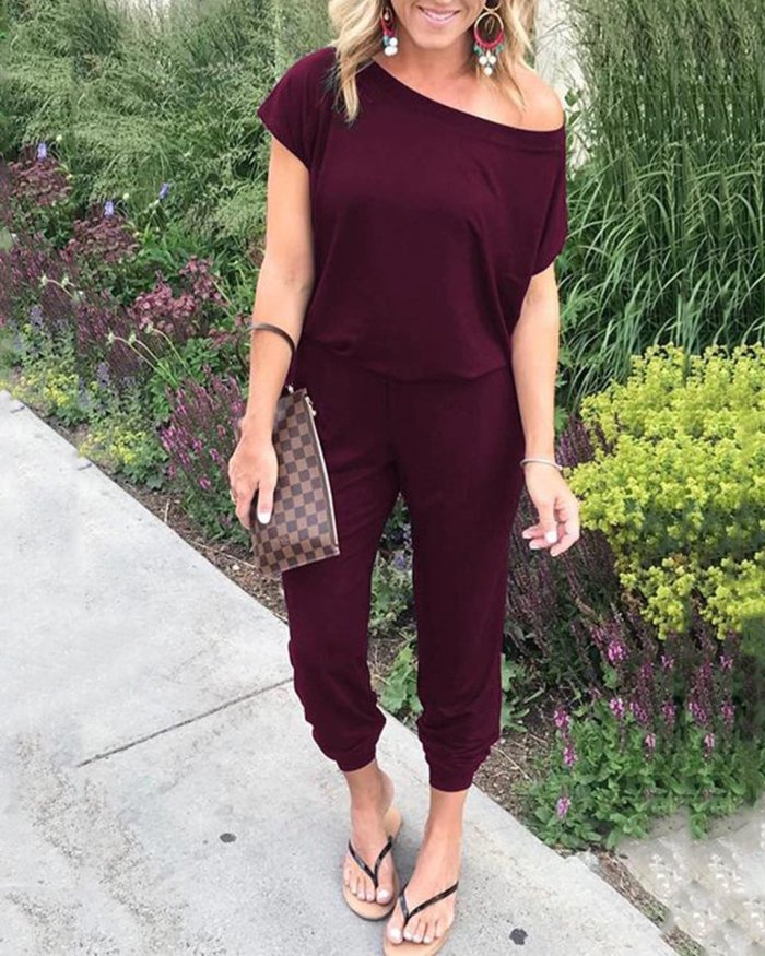 Solid Color One Shoulder Jumpsuits