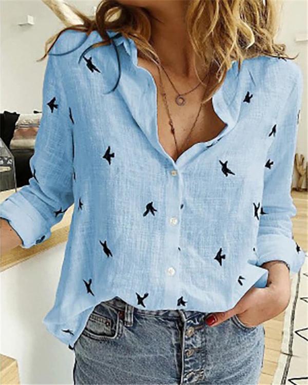 Long Sleeve Printed Casual Stand Collar Daily Shift Tops
