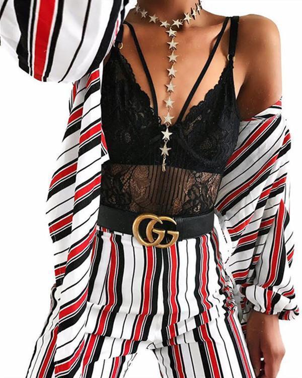 SEXY OFF SHOULDER MIDRIFF BARING STRIPE SUIT PANTS
