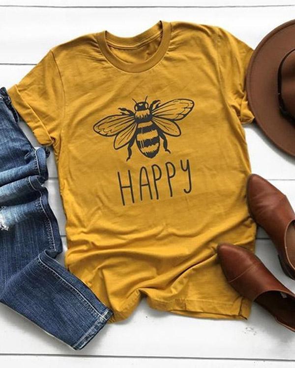 Plus Size Women Summer Tee Shirt Cotton Round Neck Bee Print T-shirts