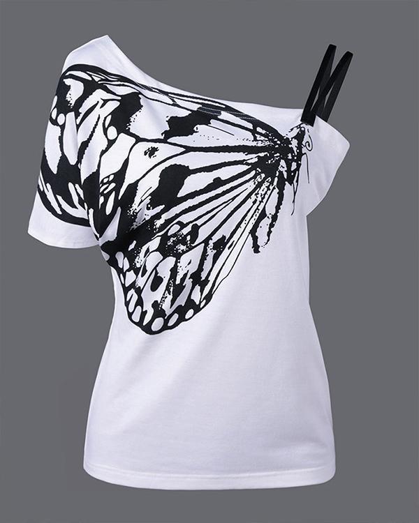 One Shoulder Butterfly Print Casual T-shirt