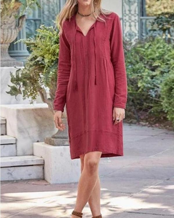 Vintage Long Sleeve Tie-Neck Cotton Dress