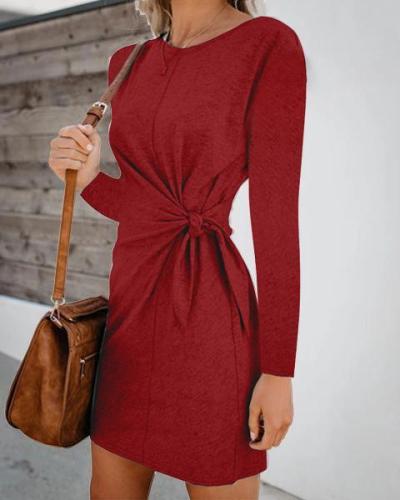 Solid Slim Long Sleeve Round Neck Women Fashion Casual Mini Dresses