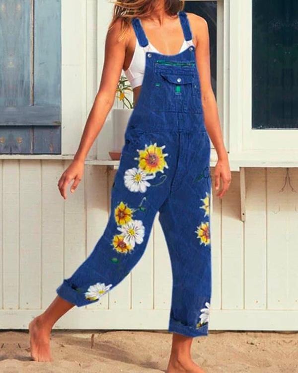 Sleeveless Denim Floral-Print One-Pieces Jumpsuit Overalls