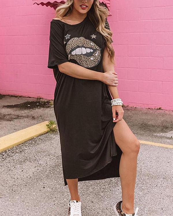 Leopard Lips T-Shirt Print Shift Midi Dress